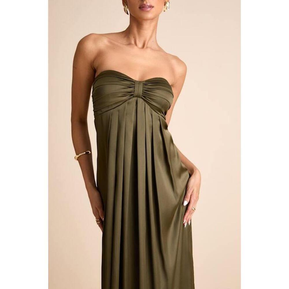 Lulus Memorable Entrance Olive Green Strapless Satin Maxi Dress - Size M